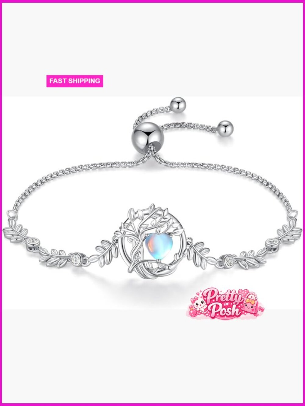 Sterling Silver Tree of Life Birthstone Charm Bracelet with Moonstone